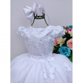 Vestido Infantil Branco C/ Renda e Borboletas Princesas Dama