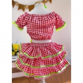 Conjunto Meninas Festa Junina Vermelho Xadrez Cropped Com Saia