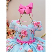 Vestido Infantil Azul Claro Jardim das Borboletas C/ Strass