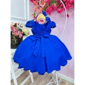 Vestido Infantil Azul Royal Renda C/ Cinto Pérolas e Tiara - Azul Royal