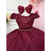 Vestido Infantil Marsala Renda Com Cinto de Pérolas e Laço - marsala
