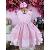 Vestido Infantil Rosa Aplique Flores e Borboletas C/ Pérolas