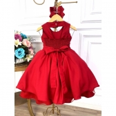 Vestido Infantil Vermelho Com Aplique de Flores Damas
