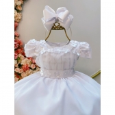 Vestido Infantil Branco C/ Busto Tule e Aplique de Flores - Branco