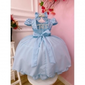 Vestido Infantil Azul Com Renda Cinto de Pérolas e Tiara - Azul Claro