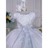 Vestido Infantil Branco C/ Renda e Broche de Flor e Pérola