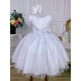 Vestido Infantil Branco C/ Renda e Broche de Flor e Pérola