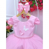Vestido Infantil Rosa Com Aplique de Borboletas C/ Glitter