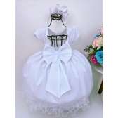 Vestido Infantil Branco Com Cinto de Pérolas Luxo