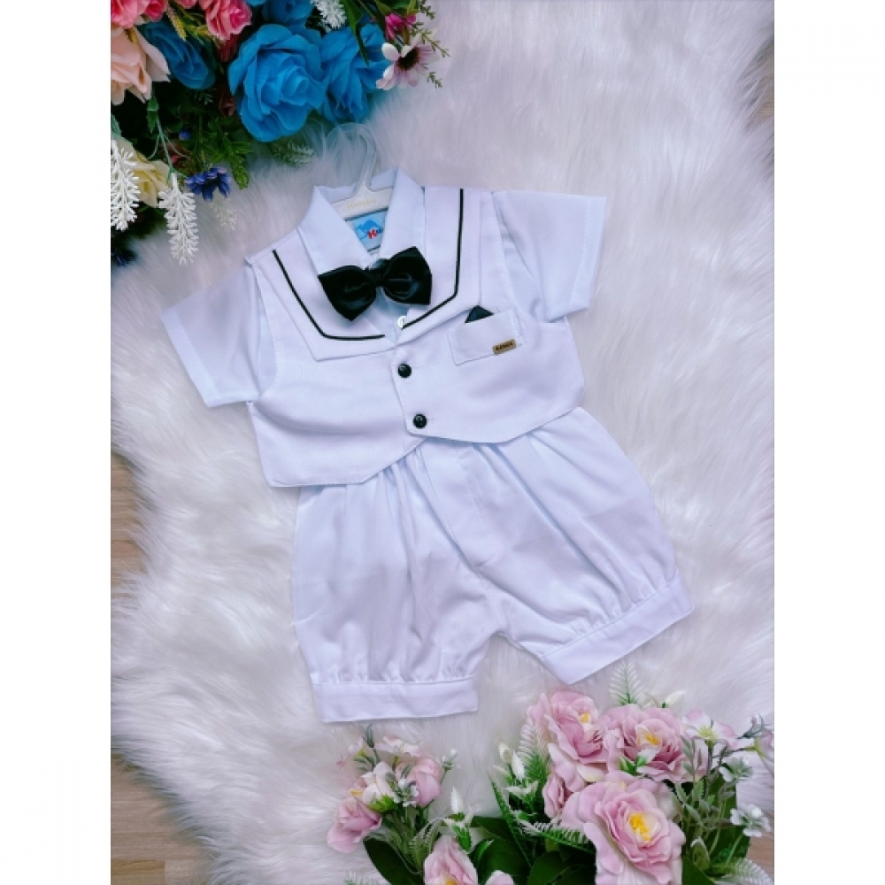 Conjunto Social Camisa Susp. Colete Gravata e Short Branco