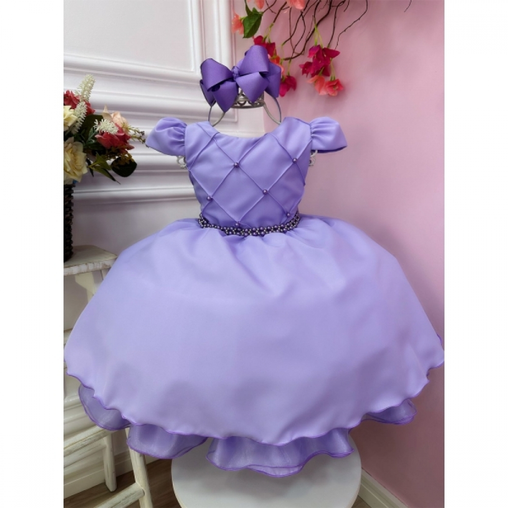 Vestido Infantil Lilás C/ Cinto de Pérolas Casamento Luxo