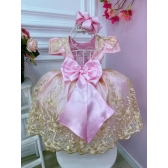 Vestido Infantil Rosa C/ Renda Realeza e Cinto de Pérolas