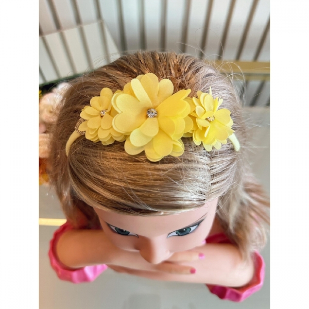 Faixinha de Cabelo Bebê C/ Laço Strass Florzinha Várias Cores - Amarelo Bebê