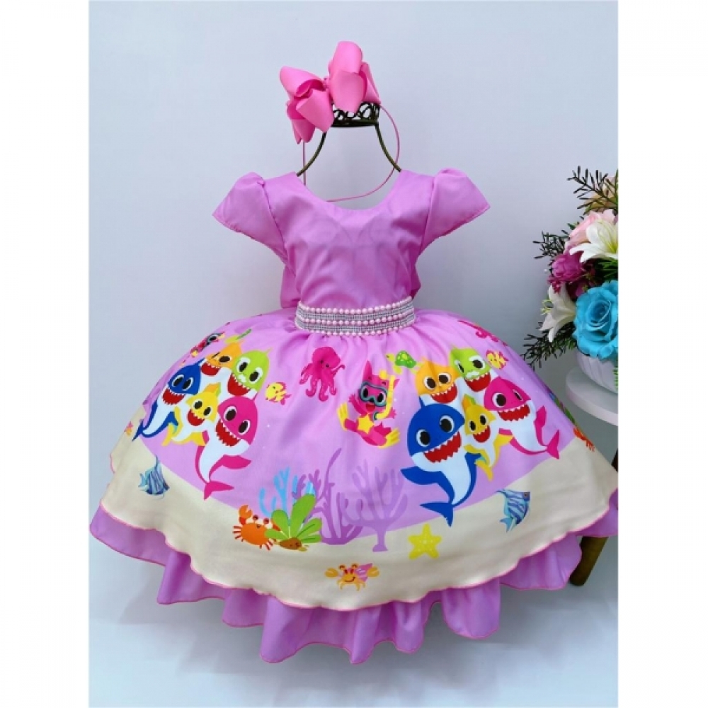 Vestido Infantil Baby Shark Luxo Cinto Pérolas e Strass Festas