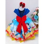 Vestido Infantil Branca de Neve Azul C/ Renda Pérolas Strass - Azul