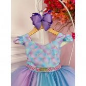 Vestido Infantil Sereia Colorido C/ Cinto de Pérolas Strass