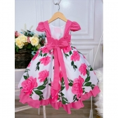 Vestido Infantil Branco Floral Pink Cinto de Pérolas Luxo + Brinde