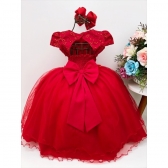 Vestido Infantil Vermelho C/ Renda Aplique Flores Borboletas
