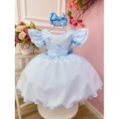 Vestido Infantil Azul Claro C/ Apliques Borboletas e Flores - Azul Claro