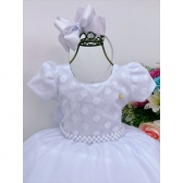 Vestido Infantil Branco C/ Bolinhas Cinto Pérolas Luxo