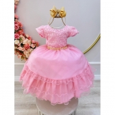 Vestido Infantil Rosa C/ Renda e Cinto de Pérolas Festas Luxo