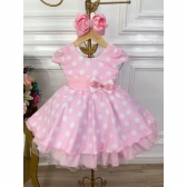 Vestido Infantil Rosa C/ Bolinhas Minnie C/ Aplique de Laço