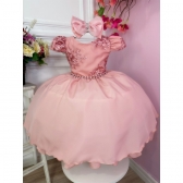 Vestido Infantil Rose Com Renda Cinto Pérolas e Laço - Rose