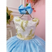 Vestido Infantil Branco Com Azul e Renda Realeza Damas