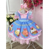 Vestido Infantil Fazendinha Vaquinha e Porquinho Rosa e Azul - Colorido