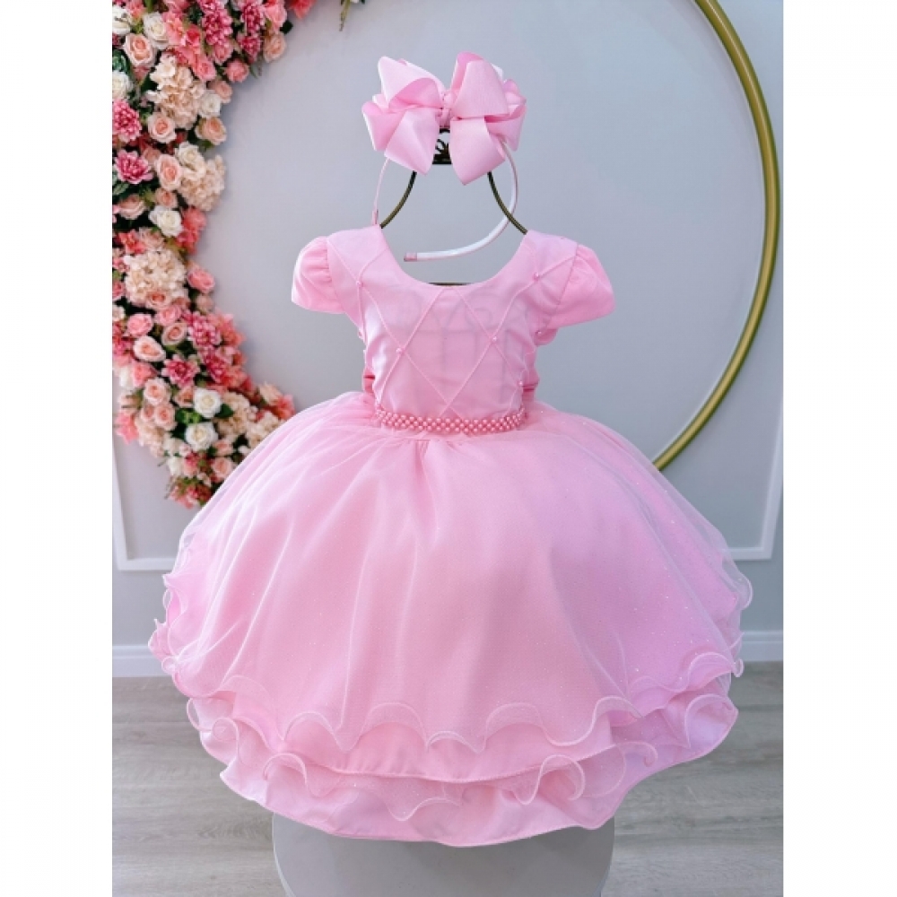 Vestido Infantil Rosa Busto Nervura Cinto de Pérolas Festa