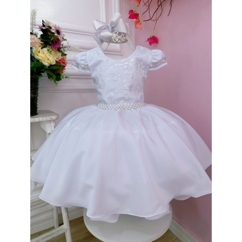 Vestido Infantil Branco Com Renda Damas e Cinto de Pérolas