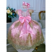 Vestido Infantil Rosa C/ Renda Realeza Dourada Cinto Pérolas