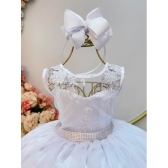 Vestido Infantil Branco Renda Metalizada Tule C/ Brilho Damas