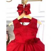 Vestido Infantil Vermelho Com Aplique de Flores Damas