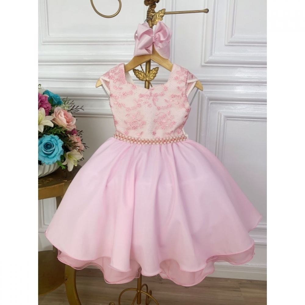 Vestido Infantil Rosa Com Renda e Cinto de Pérolas Damas