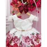 Vestido Infantil Marfim Florido Busto Nervura Cinto Pérolas