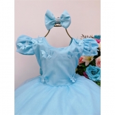 Vestido Infantil Azul Bebê Aplique Borboleta Glitter Pérola