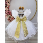 Vestido Infantil Off White C/ Broches Dourados Natal Festas
