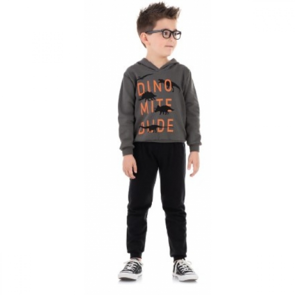 Conjunto de Moletom Blusa C/ Capuz Cinza Chumbo Calça Preto