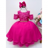 Vestido Infantil Pink Renda Cinto Strass Luxo
