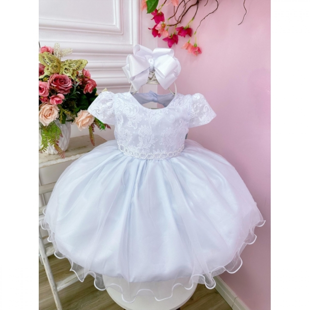 Vestido Bebê Branco Busto Renda Batizados Cinto de Pérolas - Branco