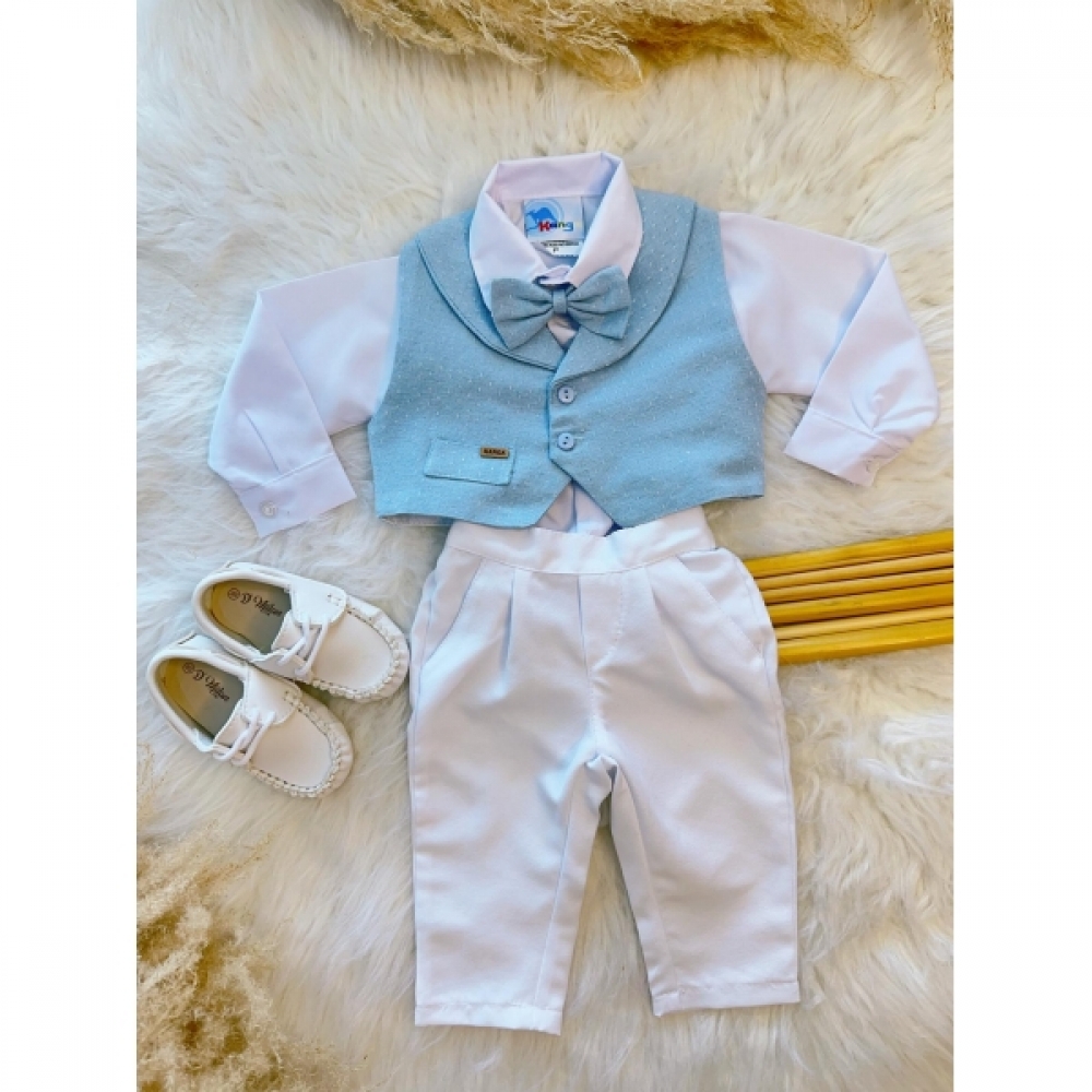 Conjunto Social Bebê Camisa Colete e Gravata Azul C/ Calça Branca - Branco e Azul