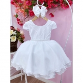 Vestido Infantil Branco C/ Busto Nervura Cinto Pérolas Festa