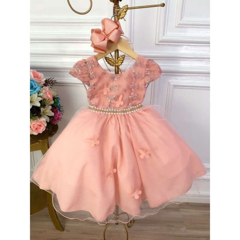 Vestido Infantil Salmão Bordado C/ Borboletas e Pérolas