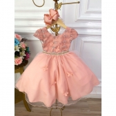 Vestido Infantil Salmão Bordado C/ Borboletas e Pérolas