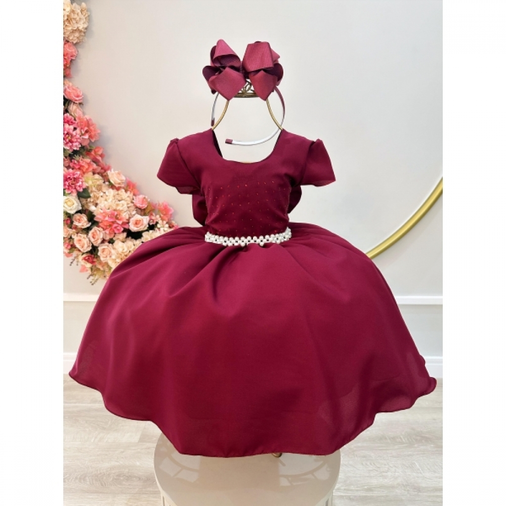 Vestido Infantil Marsala Busto Com Strass Luxo Daminhas