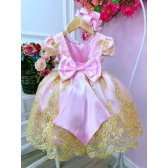 Vestido Infantil Rosa Renda Realeza e Aplique de Borboletas - Rosa