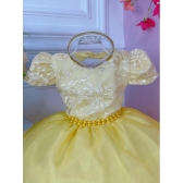 Vestido Infantil Amarelo C/ Renda Cinto Pérolas e Tiara