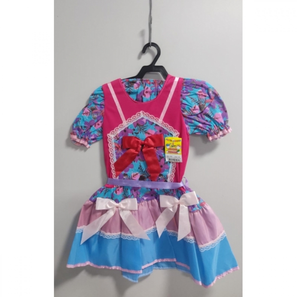 Fantasia Infantil Junino Pink e Azul Com Flores Coloridas