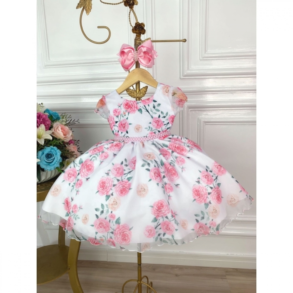 Vestido Infantil Branco Florido de Rosas C/ Cinto de Pérolas